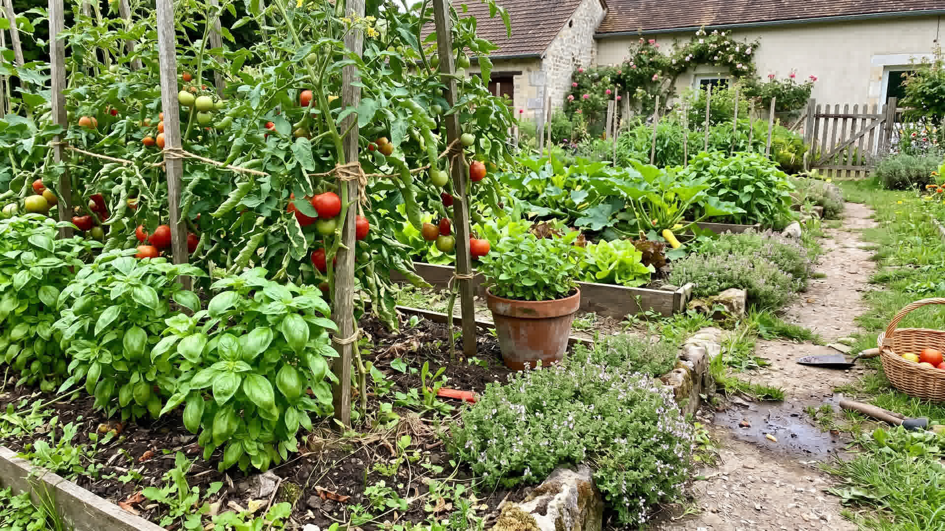 Jardin potager français avec plantes aromatiques entre les rangées de légumes, basilic près des tomates