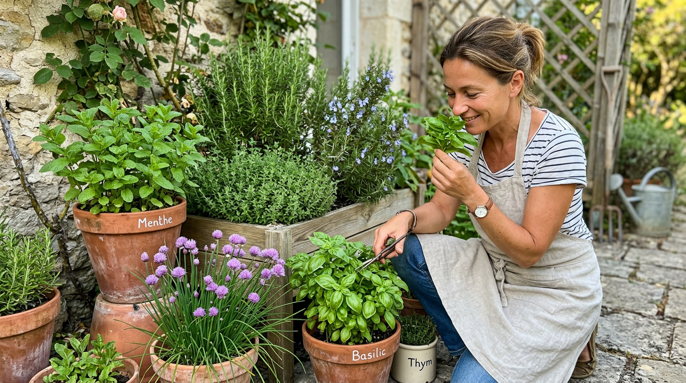 Aromatiques au potager : basilic, thym, menthe