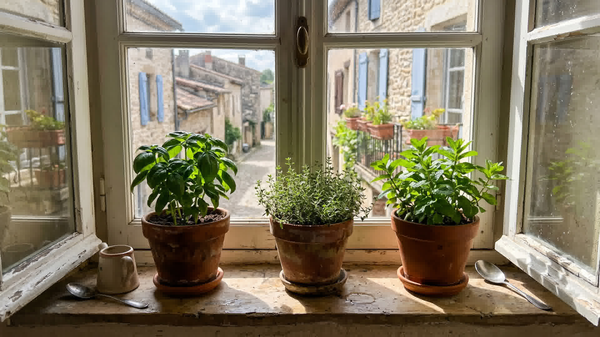 Pots de basilic, thym et menthe poussant sur un rebord de fenêtre de cuisine avec lumière naturelle