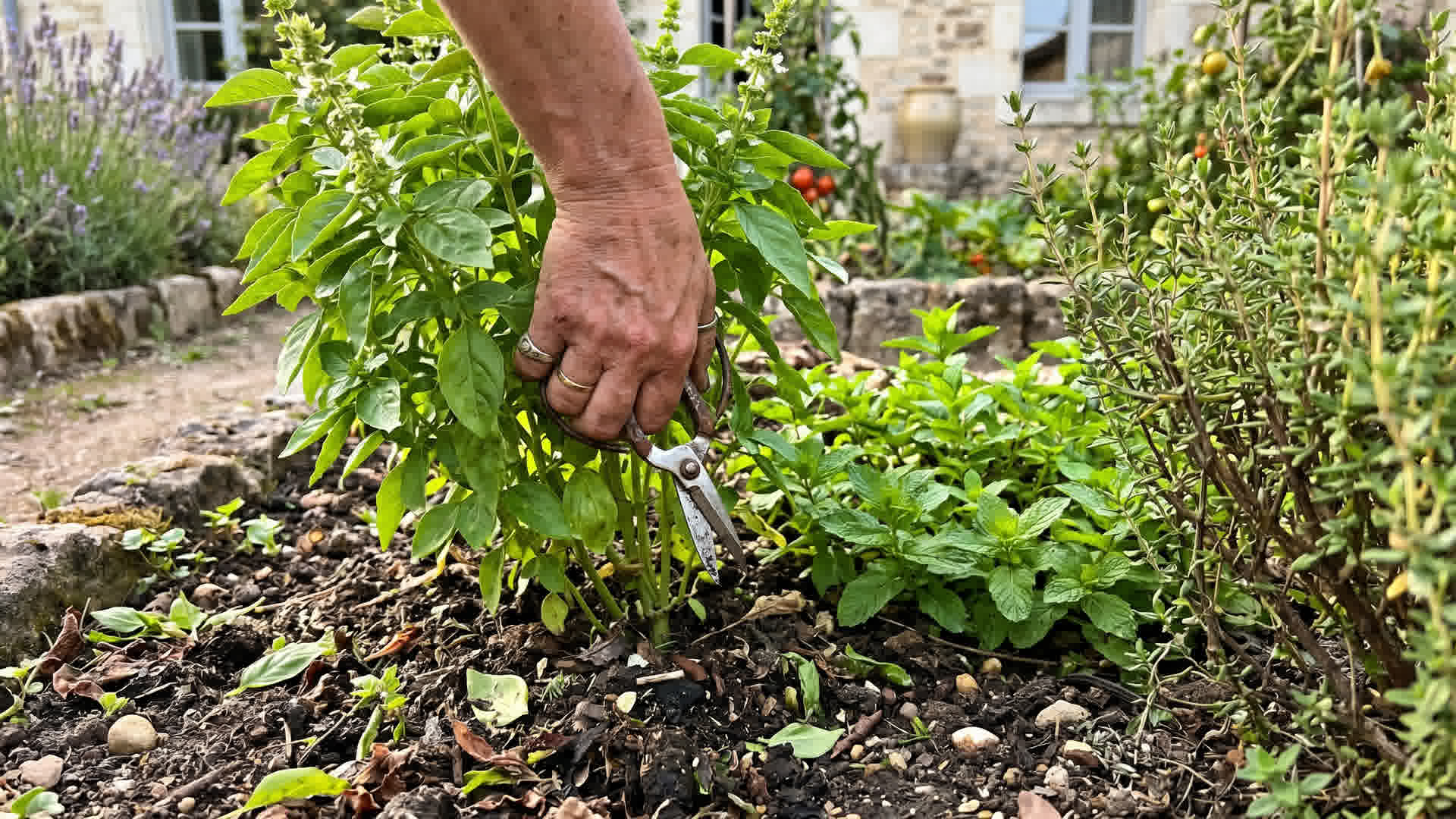 Main coupant des tiges de basilic frais dans un jardin français avec ciseaux de jardinage