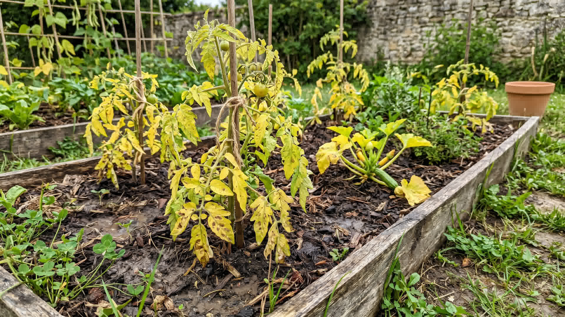 Plants de légumes trop arrosés avec feuilles jaunies dans un potager français