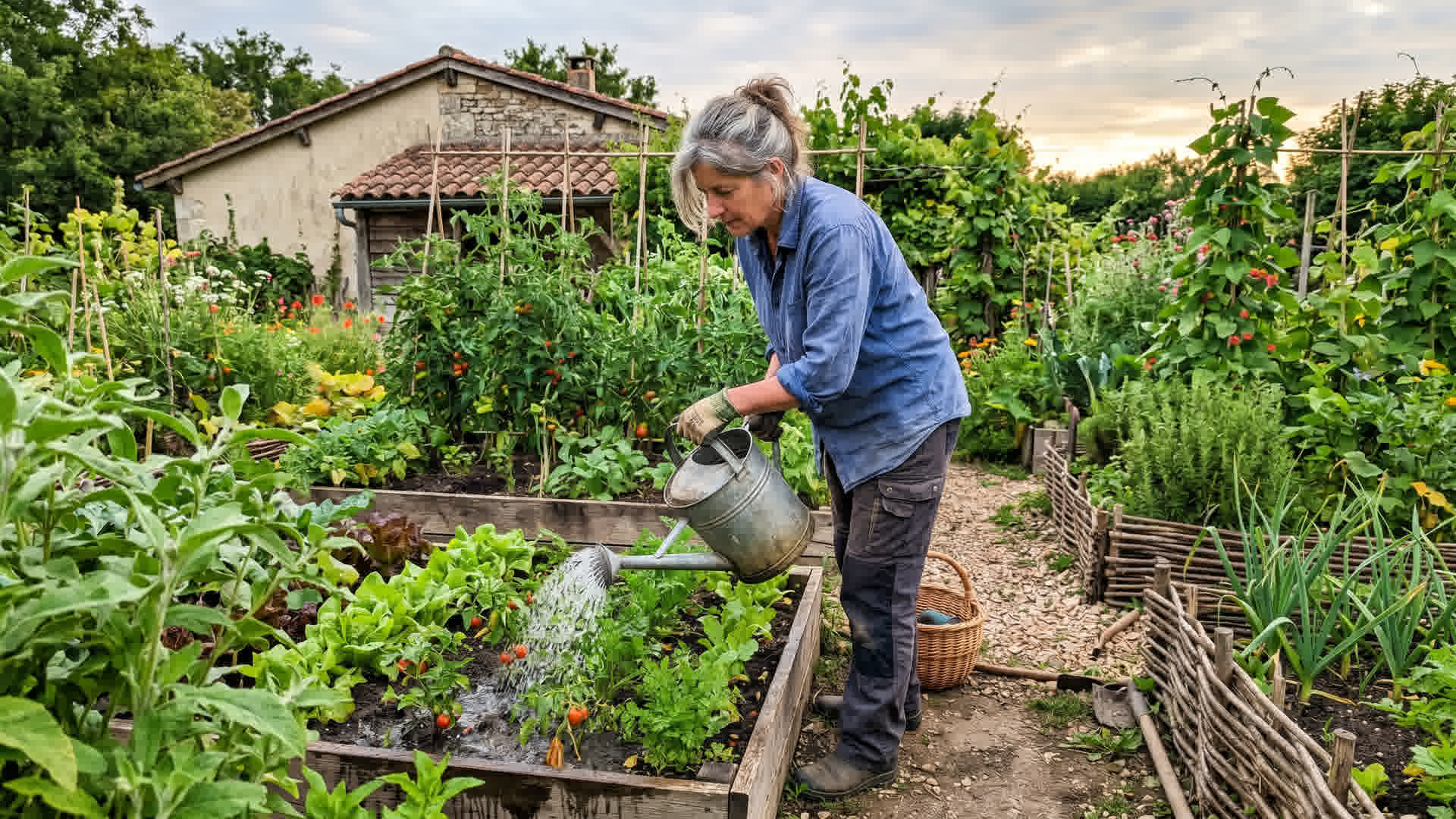 Personne arrosant des plants de légumes avec un arrosoir dans un potager français tôt le matin