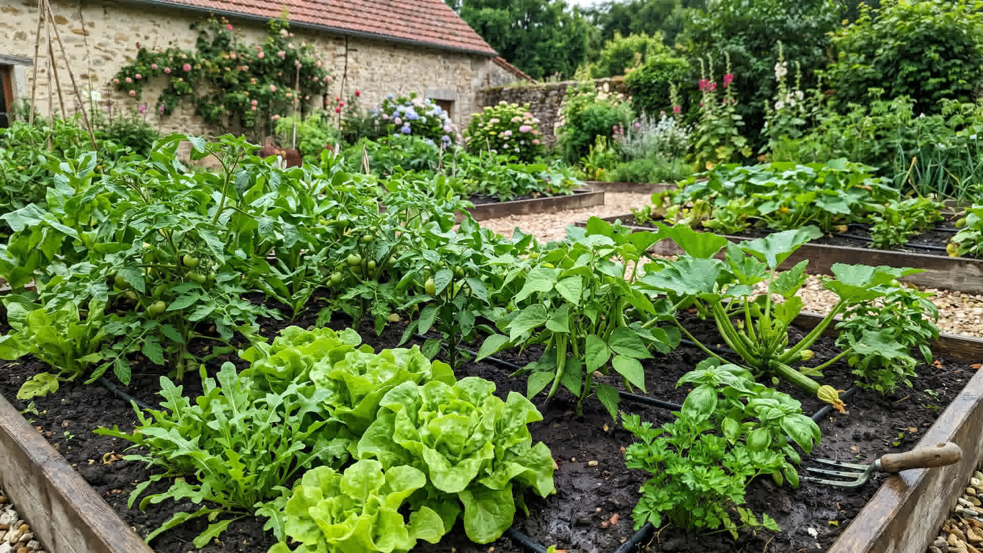 Plants de légumes sains et bien arrosés dans un jardin français avec sol humide et feuilles vertes