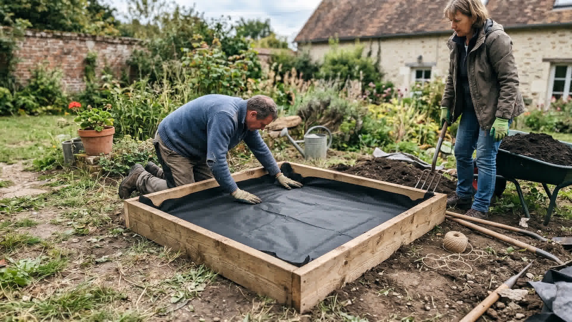 Carré potager avec géotextile installé au fond dans un jardin français prêt à être rempli