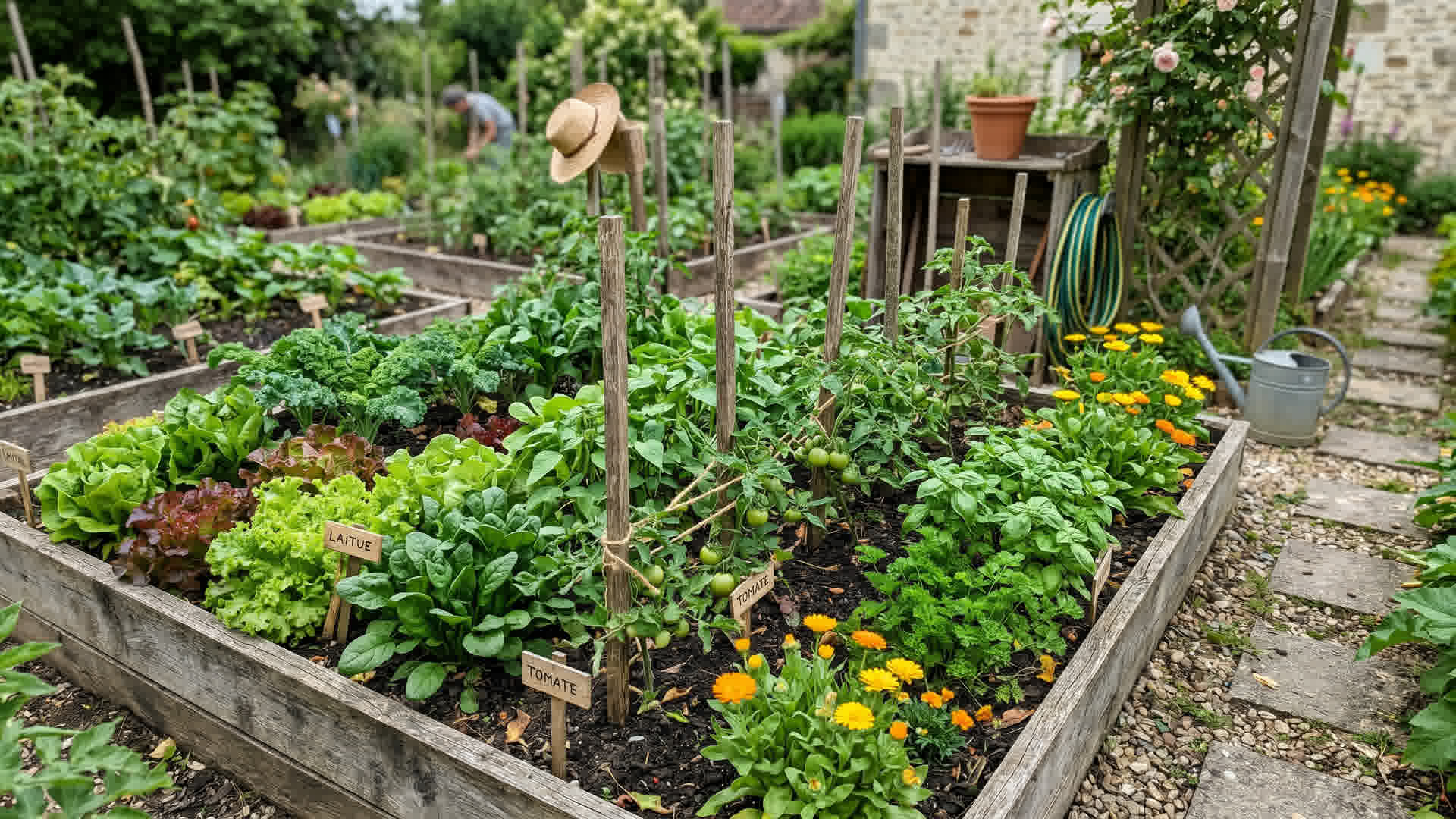 Carré potager productif avec plantes saines et bon sol dans un jardin français