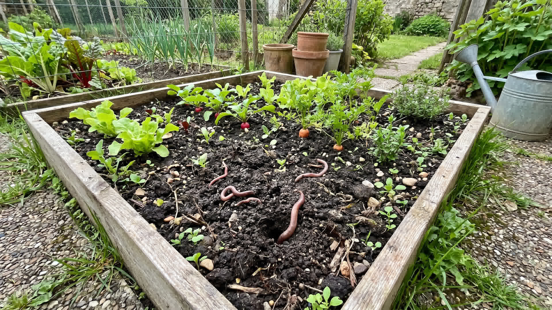 Carré potager sans bâche au fond montrant des vers de terre venant du sol dans un jardin français