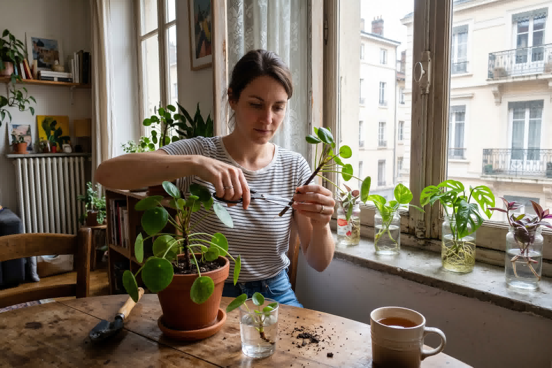 Personne coupant une tige de plante d'intérieur pour la bouturer dans un appartement français, boutures dans des verres d'eau sur un rebord de fenêtre