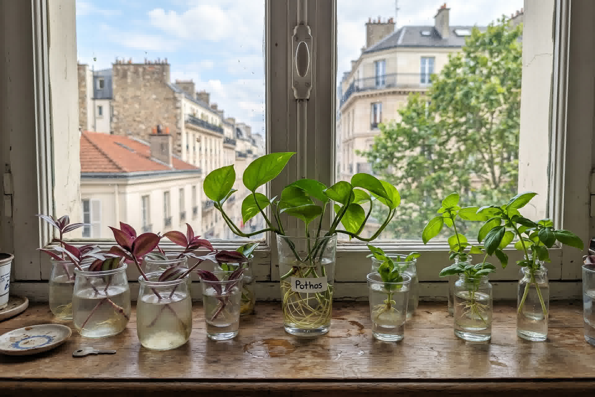 Diverses boutures de plantes d'intérieur enracinées dans des petits verres d'eau sur un rebord de fenêtre lumineux dans un appartement français, pothos, tradescantia, tiges de basilic visibles
