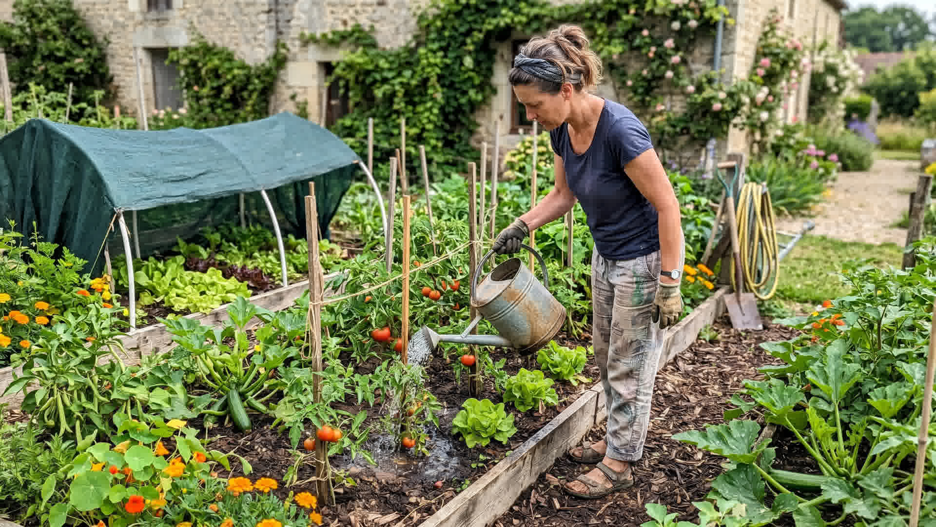 Personne arrosant des plants de légumes tôt le matin dans un jardin français en été avec arrosoir