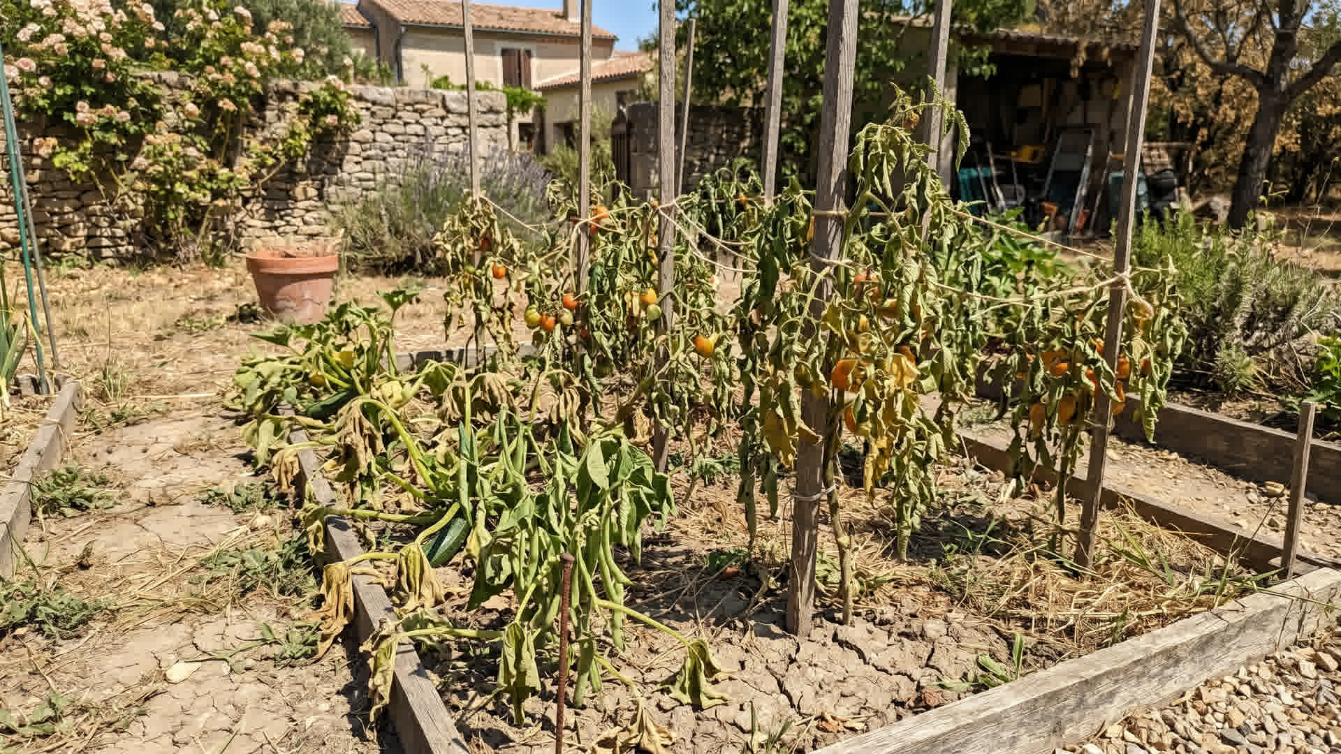 Plants de légumes flétris dans un jardin français pendant une canicule, sol sec, feuilles tombantes