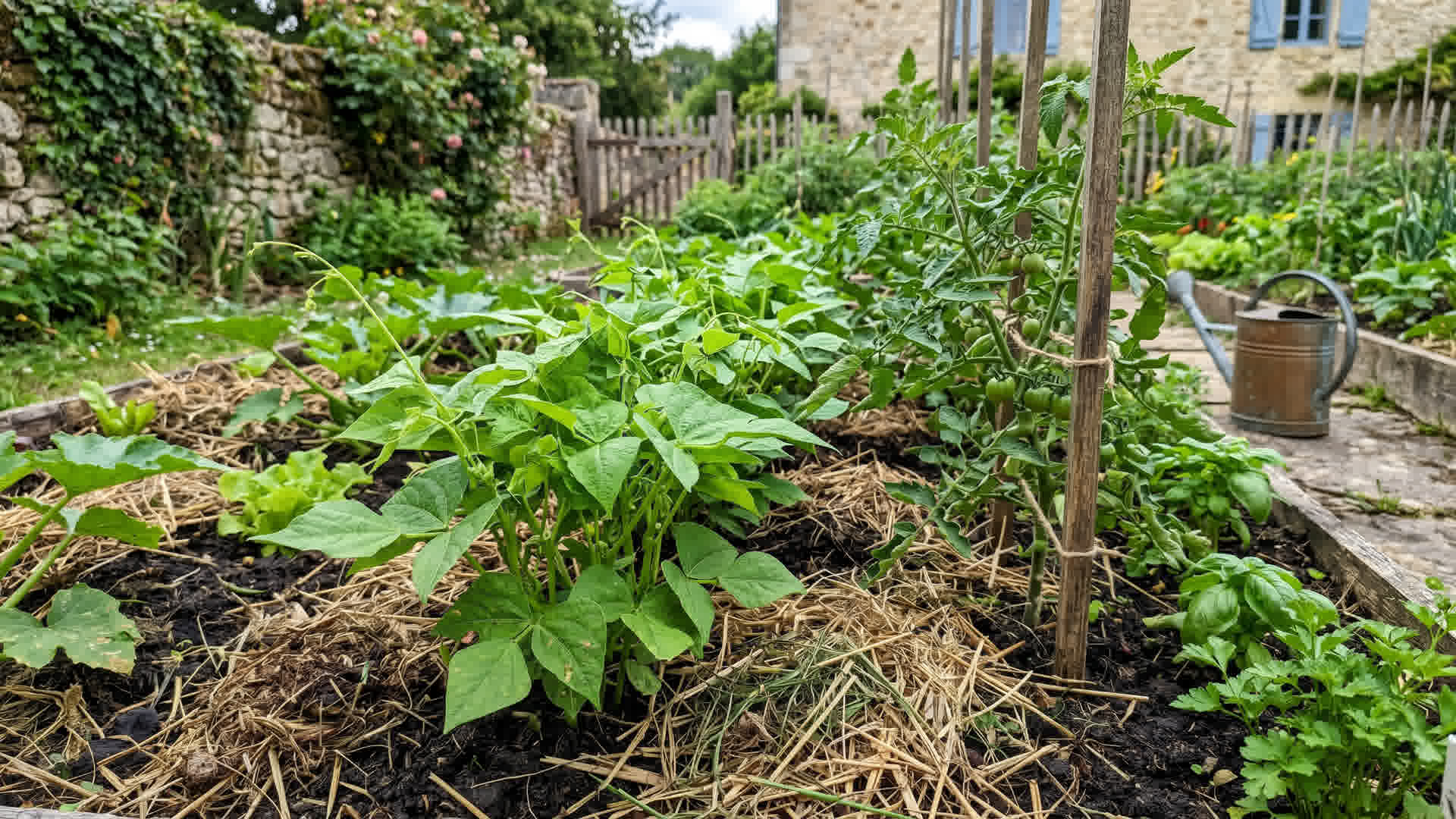 Plants de légumes récupérés après une canicule dans un jardin français, nouvelles pousses vertes, paillis au sol