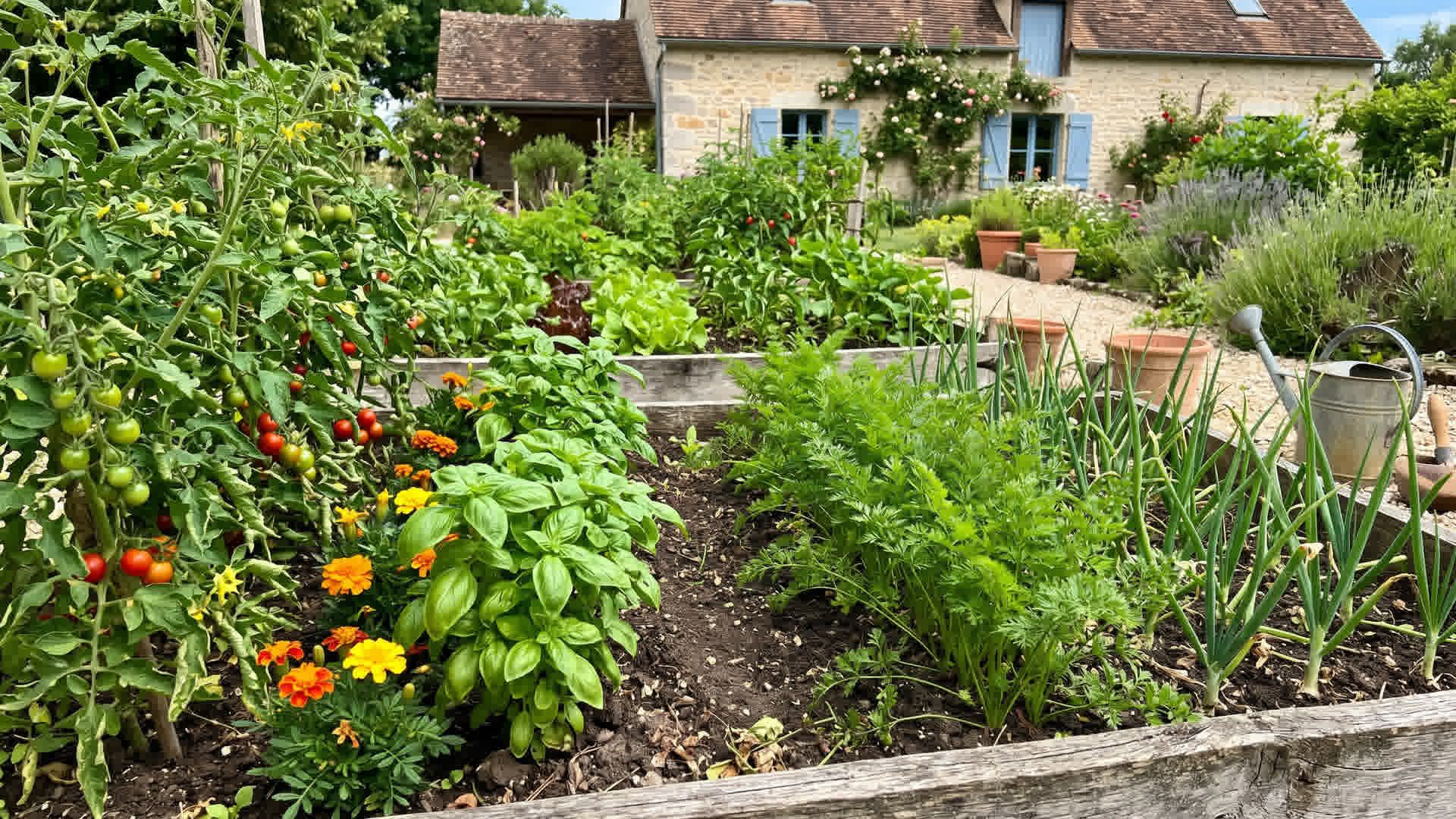 Tomates plantées à côté du basilic, carottes près des oignons dans un potager français
