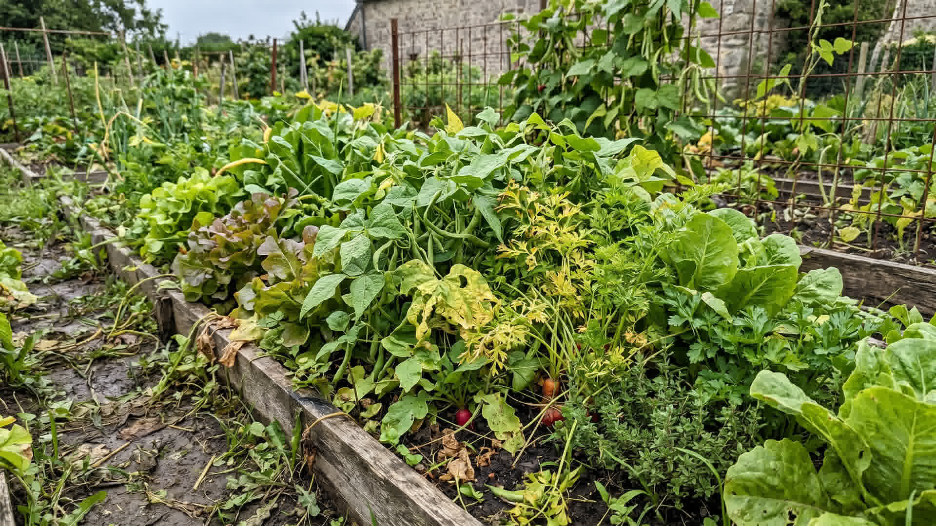 Légumes trop rapprochés se faisant concurrence dans un carré potager mal organisé