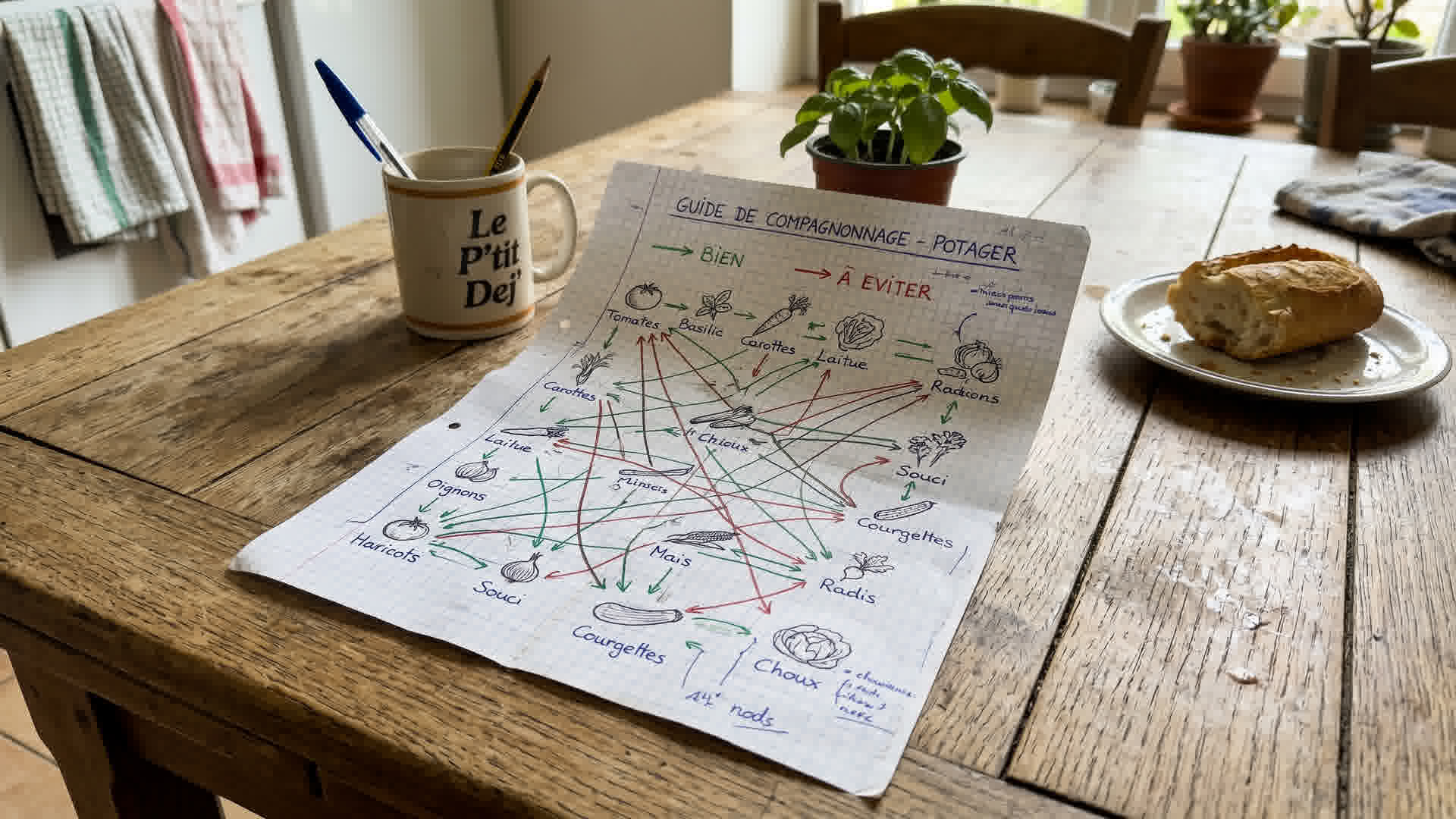 Schéma de compagnonnage dessiné sur papier avec flèches montrant les associations favorables entre légumes
