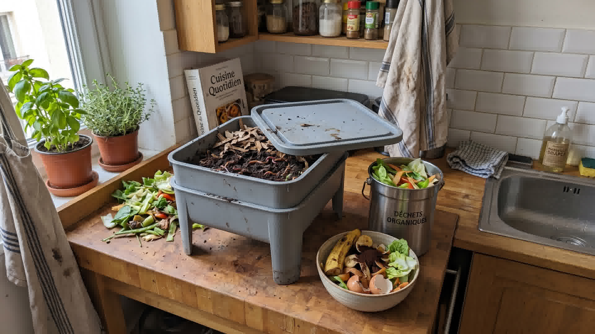 Lombricomposteur compact en bois ou plastique dans une cuisine d'appartement français avec déchets verts à composter