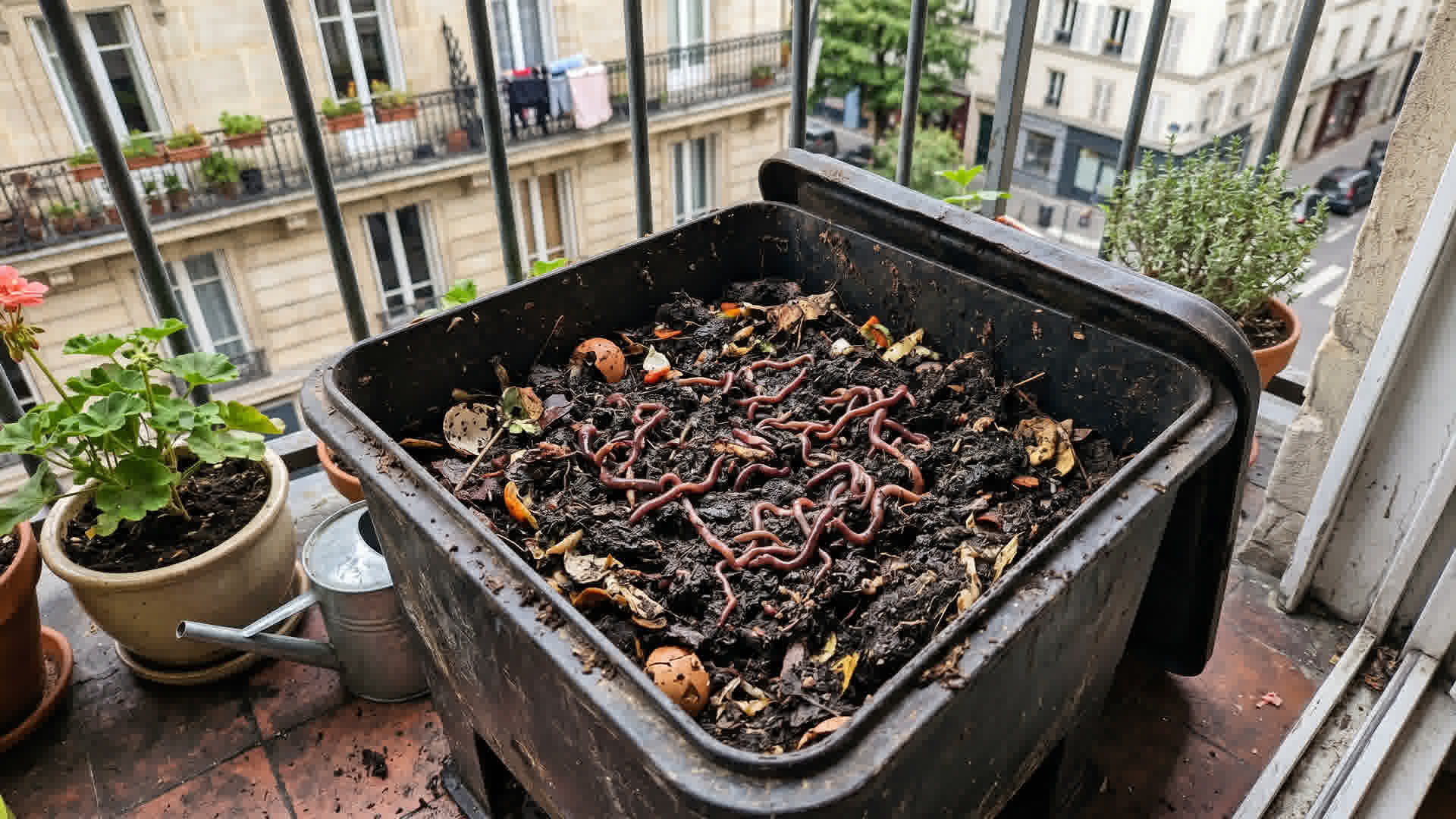 Compost noir et riche avec vers de terre visible dans un bac de lombricompostage sur un balcon français
