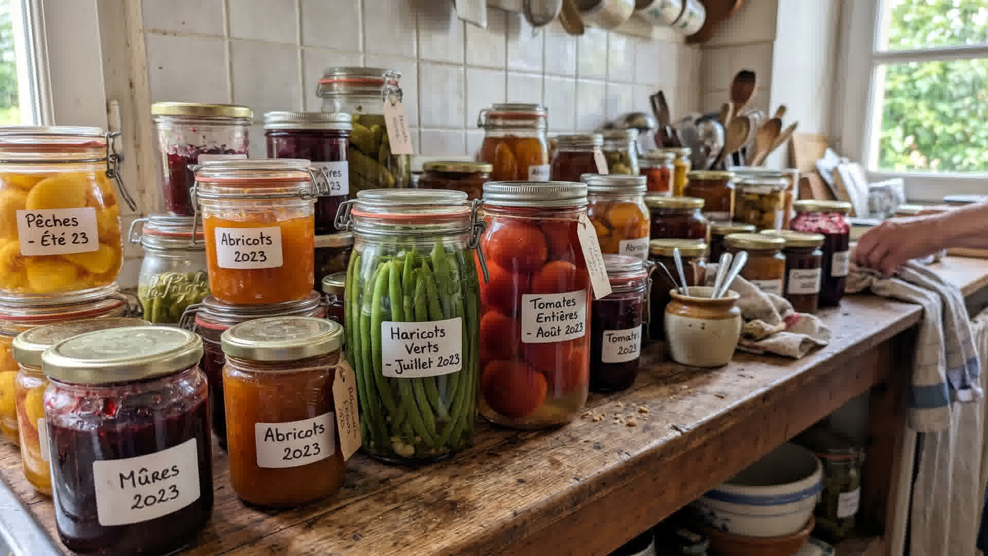 Bocaux en verre remplis de légumes conservés maison sur une étagère de cuisine : haricots, tomates, confitures