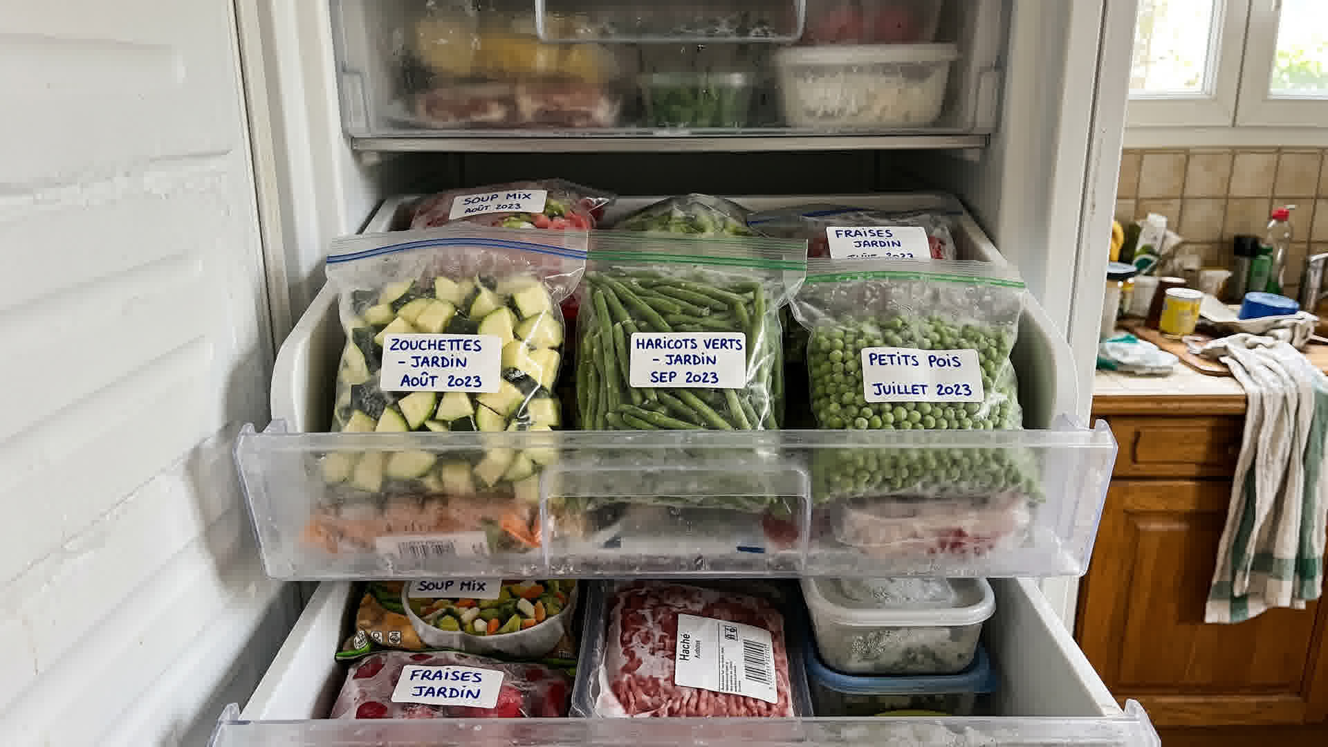 Congélateur de cuisine avec sacs de légumes du potager surgelés étiquetés et datés : courgettes, haricots, petits pois