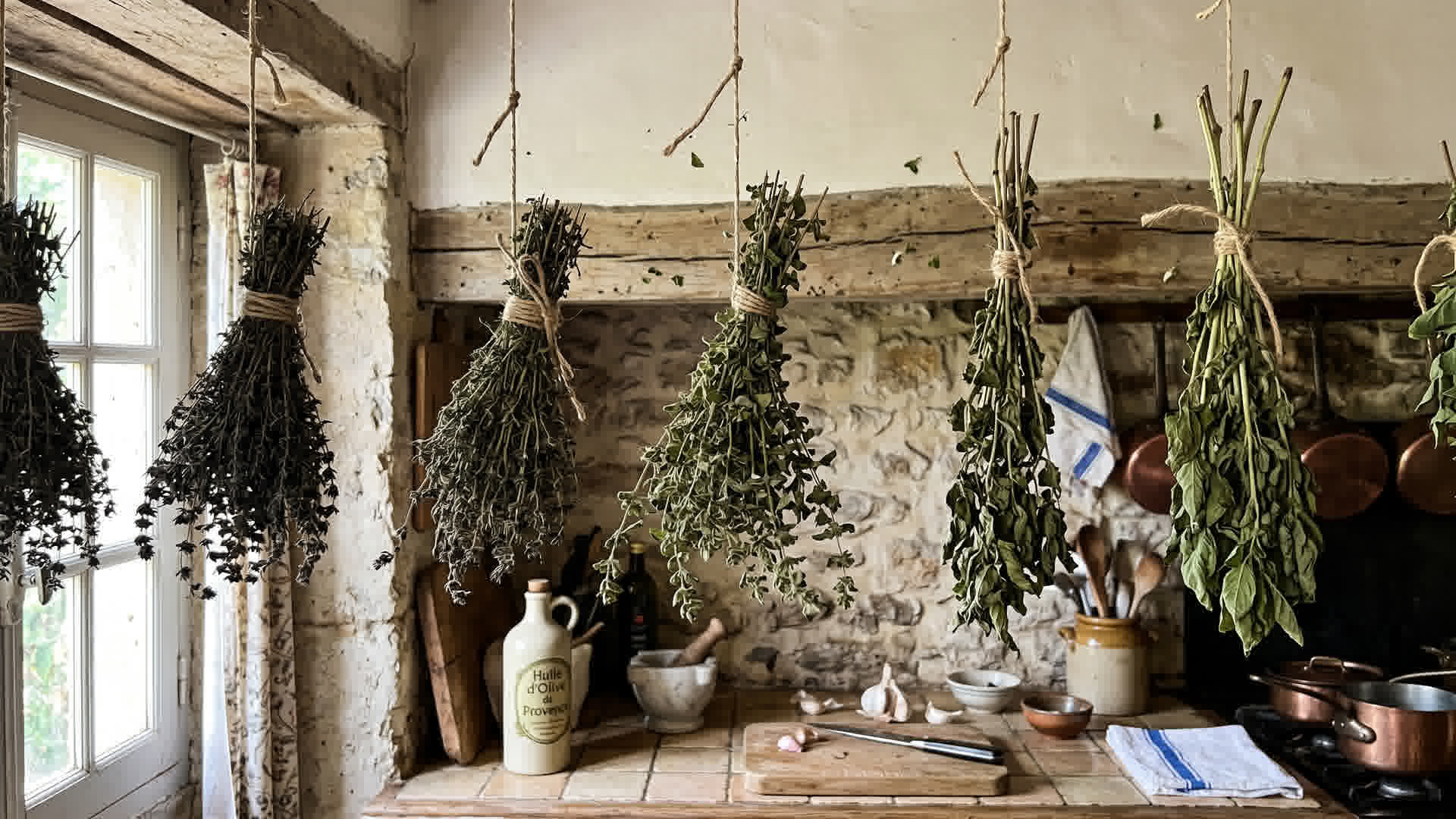 Bouquets d'herbes suspendus pour sécher dans une cuisine française : thym, origan, basilic attachés avec de la ficelle