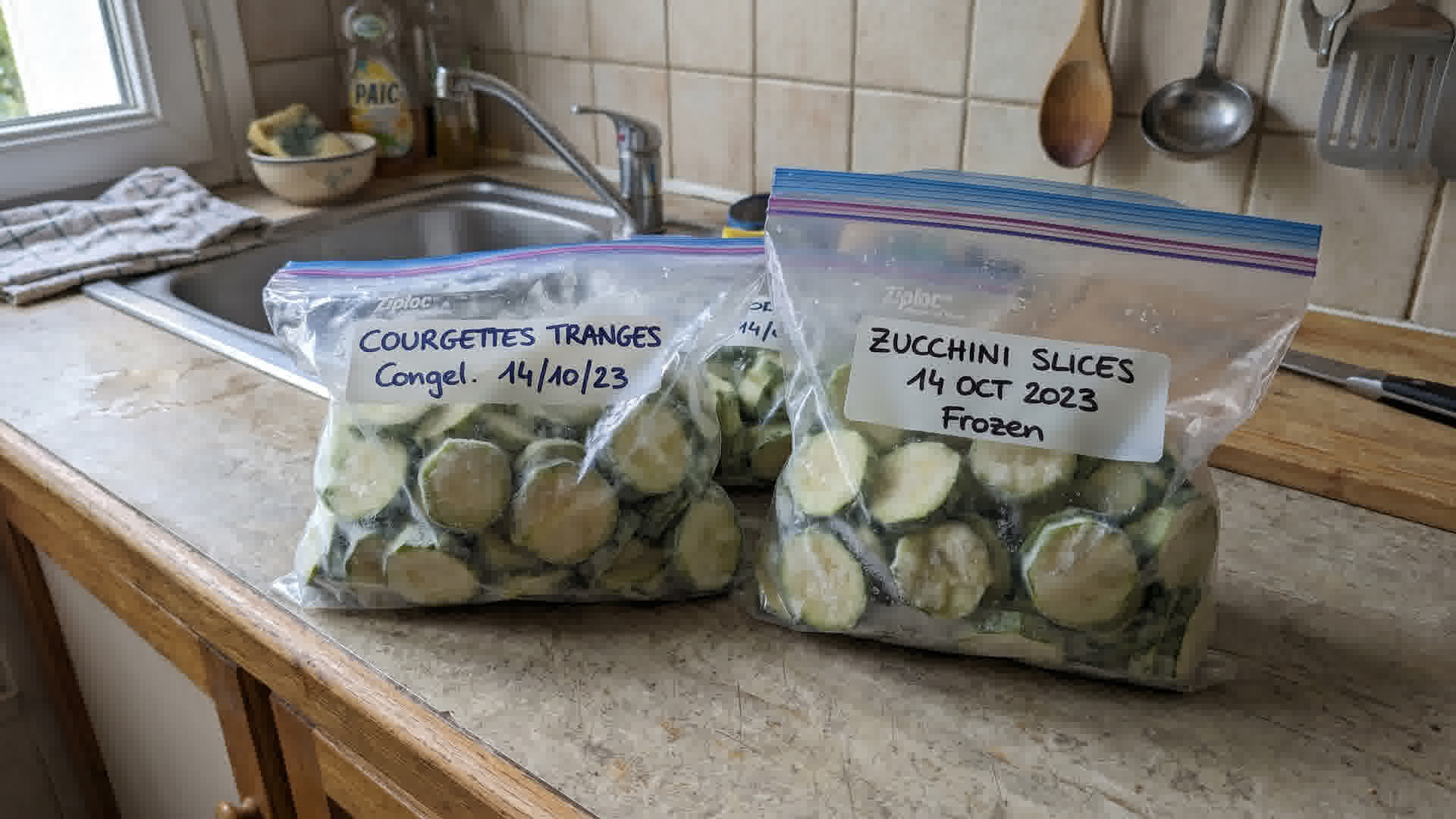 Tranches de courgette dans des sacs de congélation étiquetés et datés sur un plan de travail de cuisine