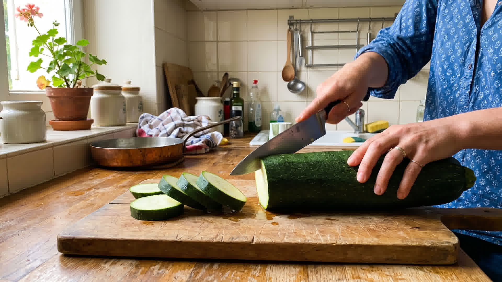 Courgette géante coupée sur une planche à découper dans une cuisine française avec couteau et tranches