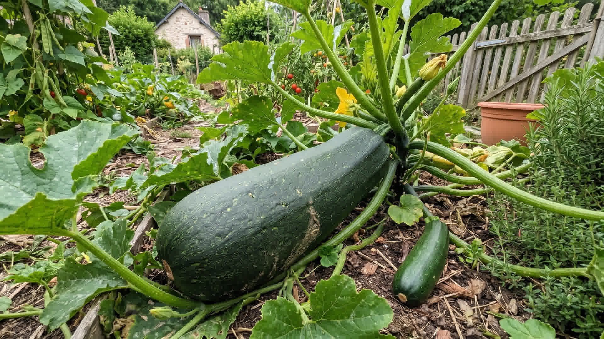 Très grosse courgette sur le pied dans un jardin français, beaucoup plus grande que les courgettes normales
