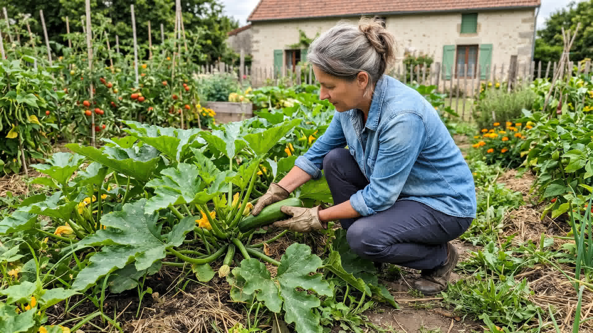 Personne inspectant un plant de courgettes dans un jardin potager français