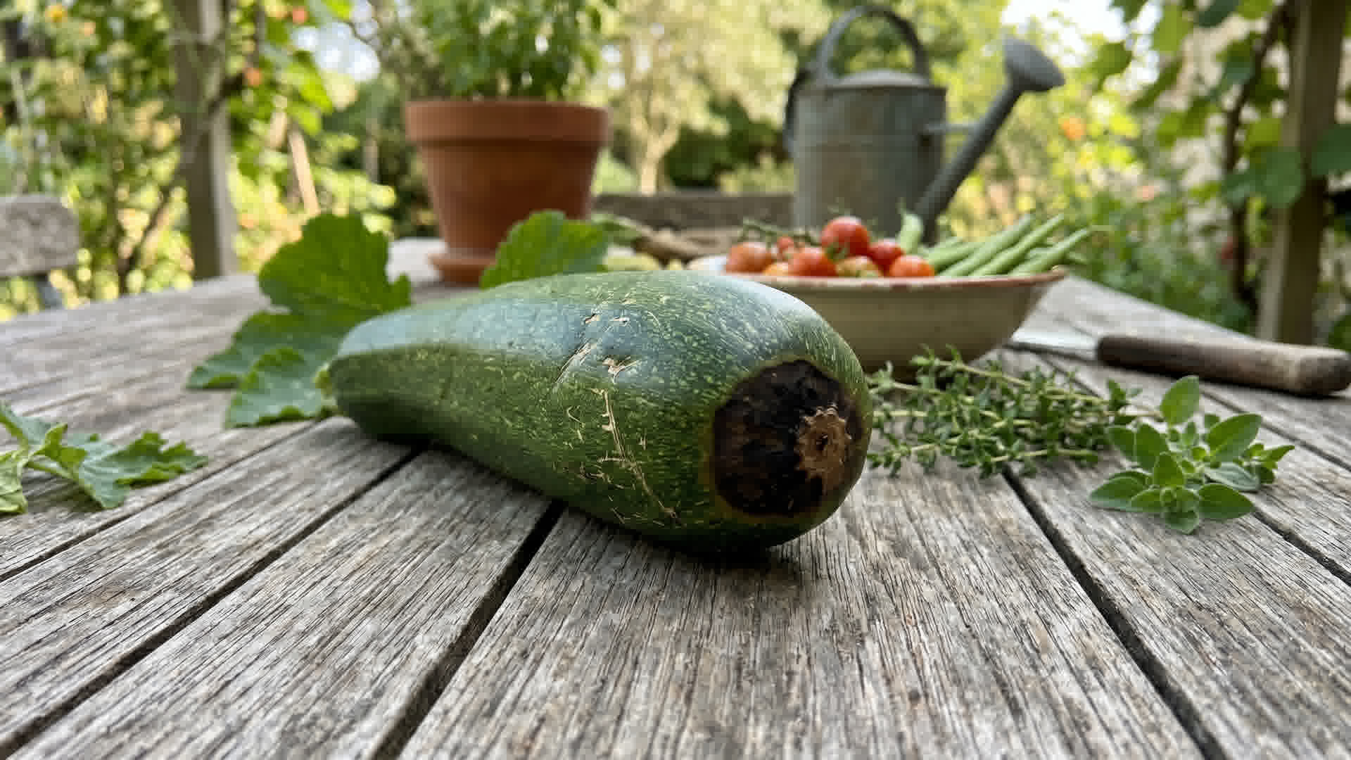 Courgette avec pourriture noire à l'extrémité (nécrose apicale) sur une table de jardin français