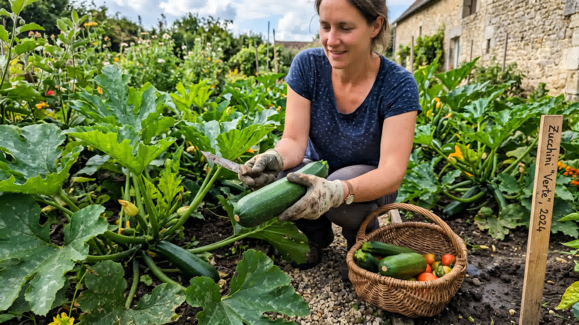 Courgettes saines et fermes récoltées dans un jardin français, vertes et de bonne taille