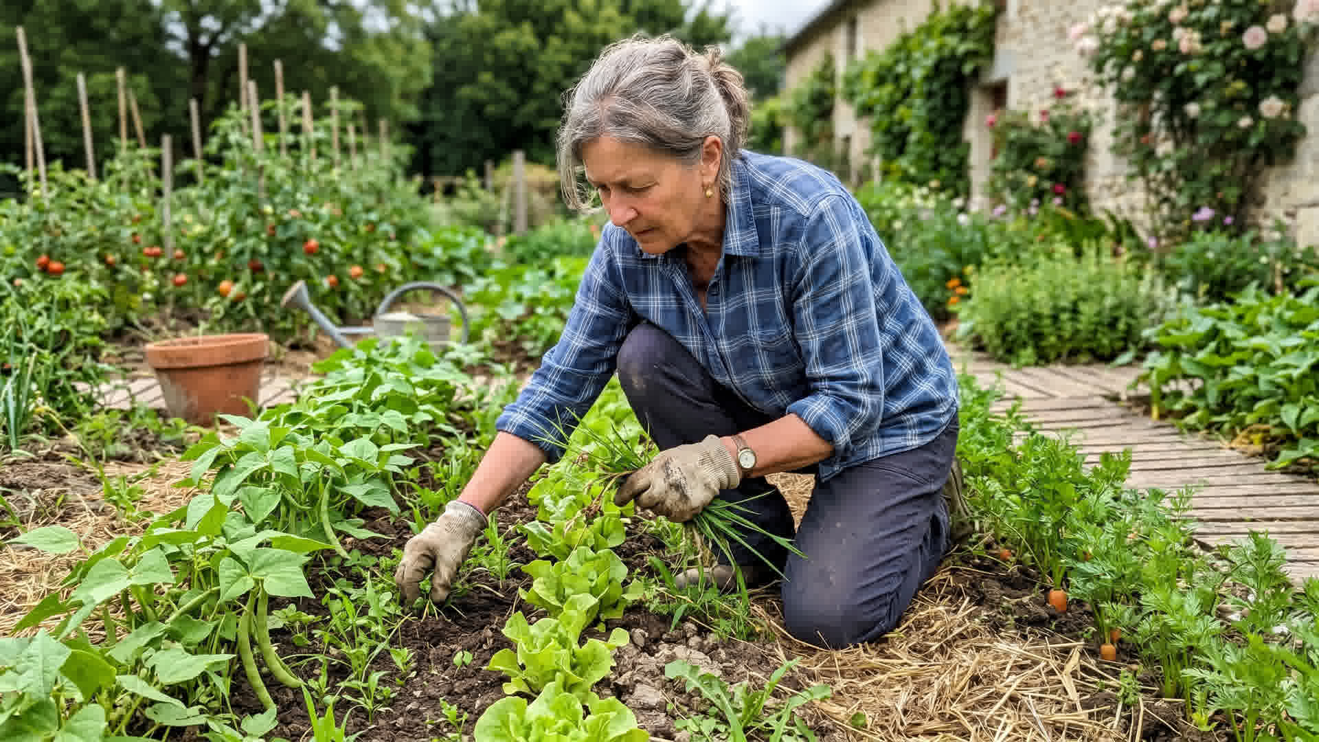 Personne désherbant à la main des plants de légumes dans un jardin français avec des gants