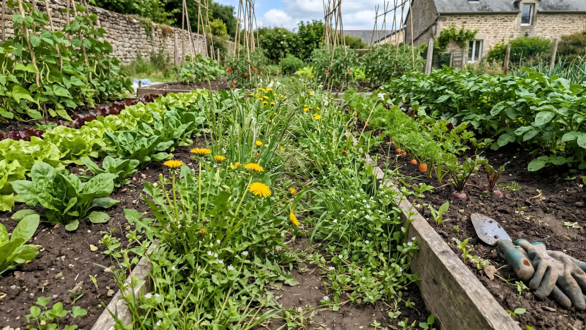 Mauvaises herbes poussant entre les rangées de légumes dans un potager français : pissenlits, mouron, chiendent