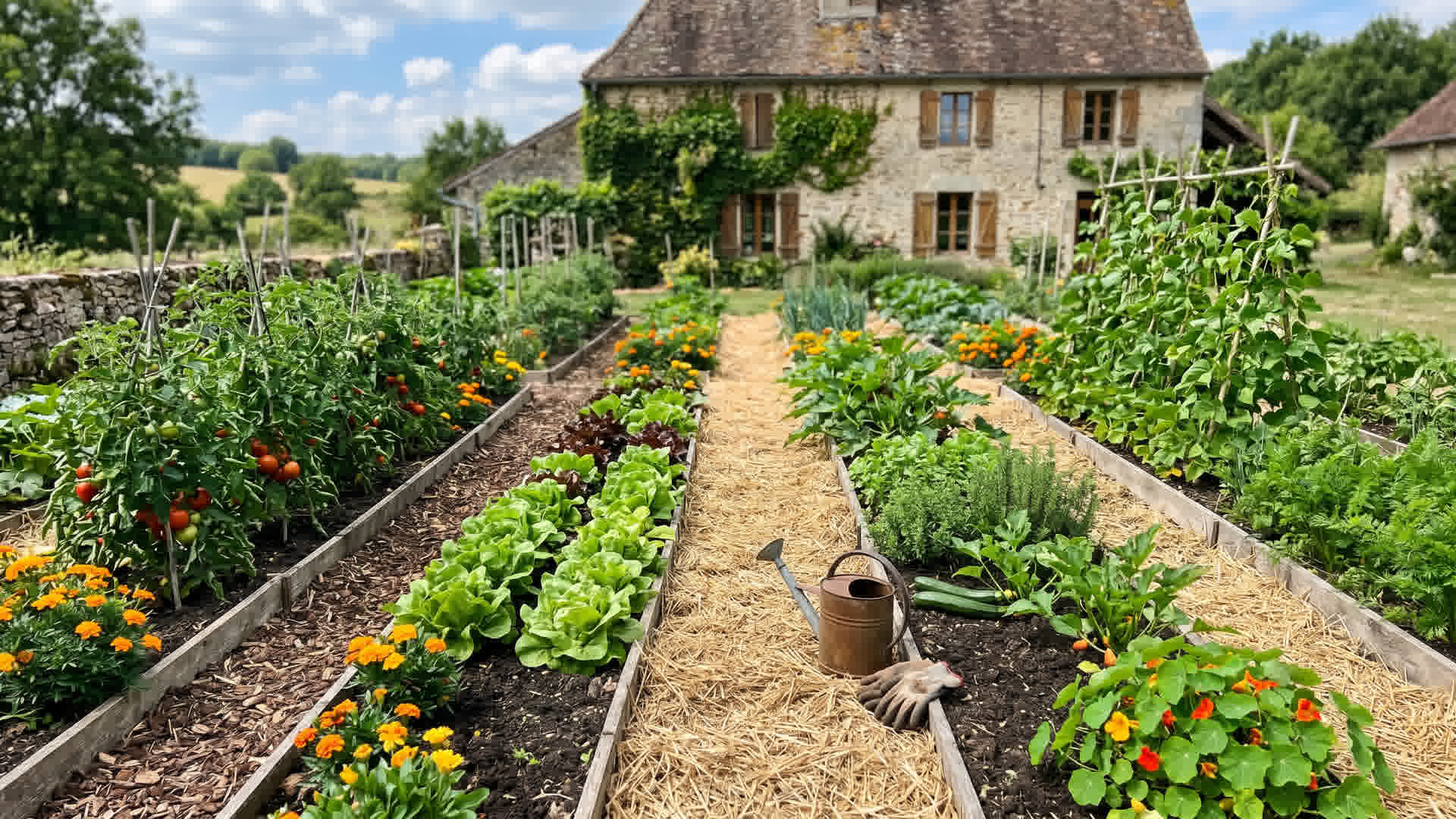 Jardin potager propre sans mauvaises herbes avec paillage épais entre les rangées de légumes