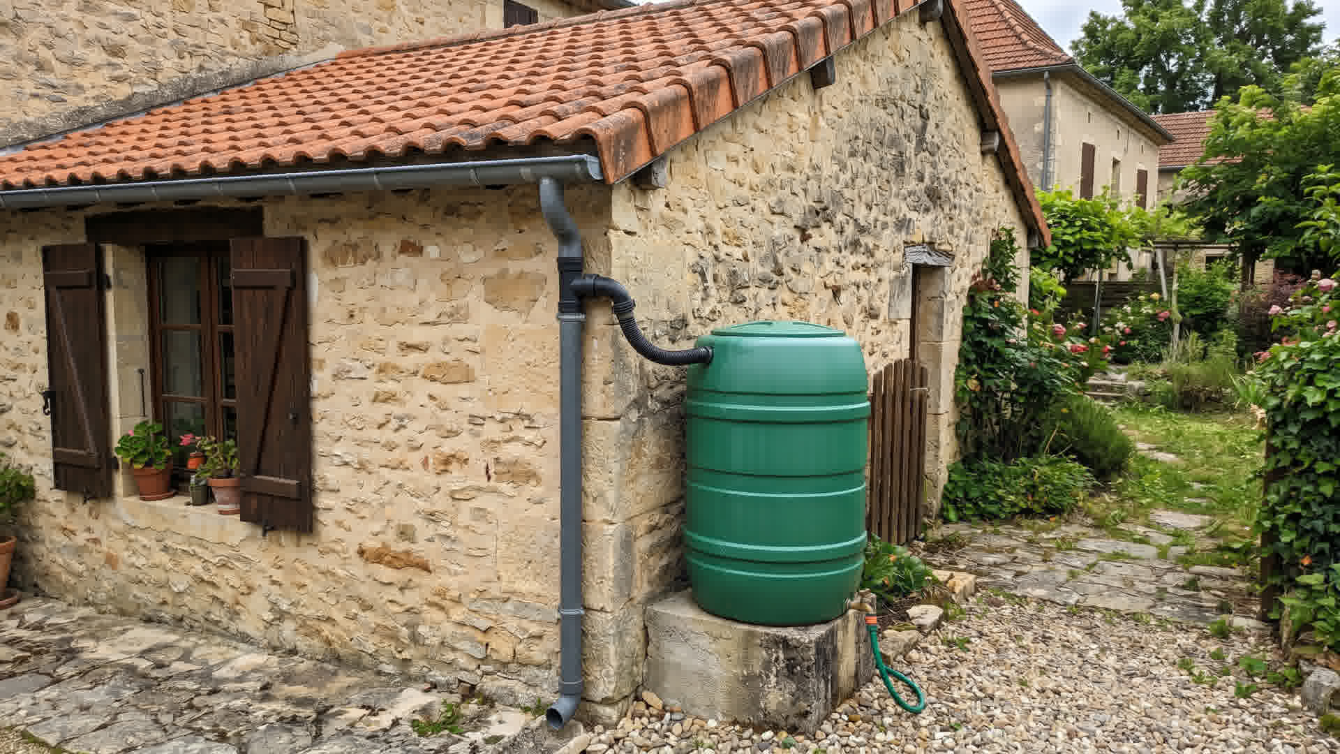 Citerne de récupération d'eau de pluie verte connectée à une descente de gouttière sur une maison française