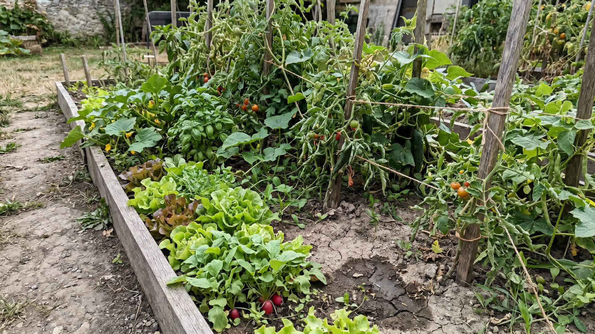 Plants de légumes trop rapprochés se faisant concurrence dans un carré potager mal organisé