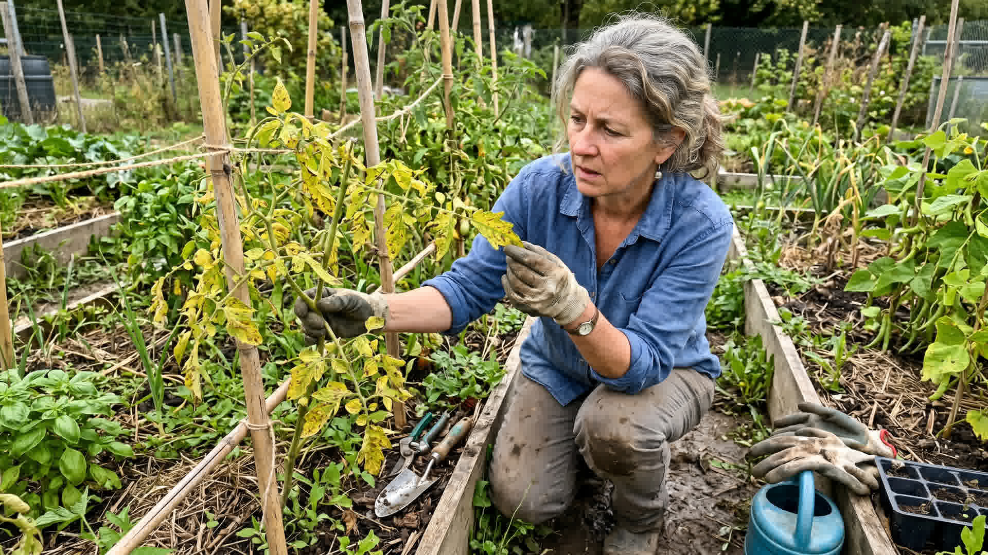 Jardinier inspectant des feuilles jaunies de tomate dans un potager, signes de maladie ou de carence