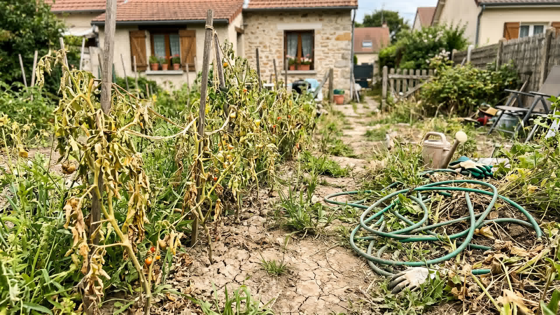 Potager avec plantes fanées, mauvaises herbes envahissantes et sol sec montrant les erreurs courantes au potager