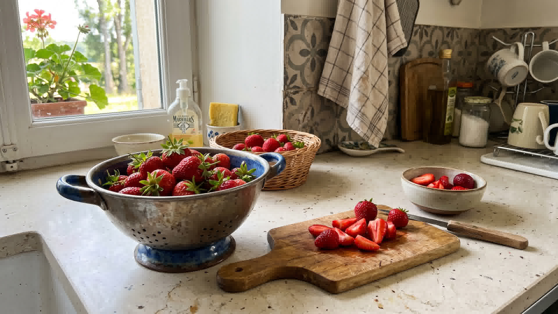 Fraises fraîchement cueillies dans une passoire sur un plan de travail de cuisine avec fenêtre lumineuse