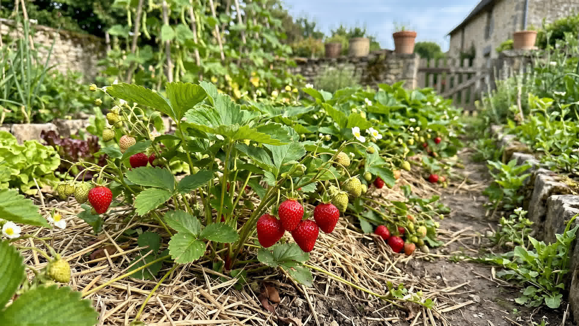 Plants de fraisiers avec fraises rouges mûres et fraises vertes dans un jardin français