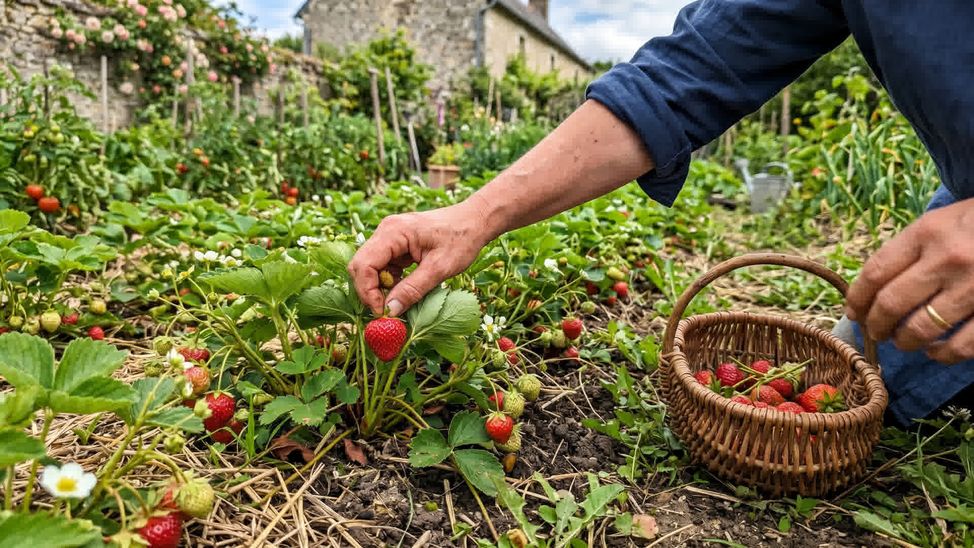 Main cueillant des fraises mûres dans un jardin français avec un petit panier de fraises récoltées à côté