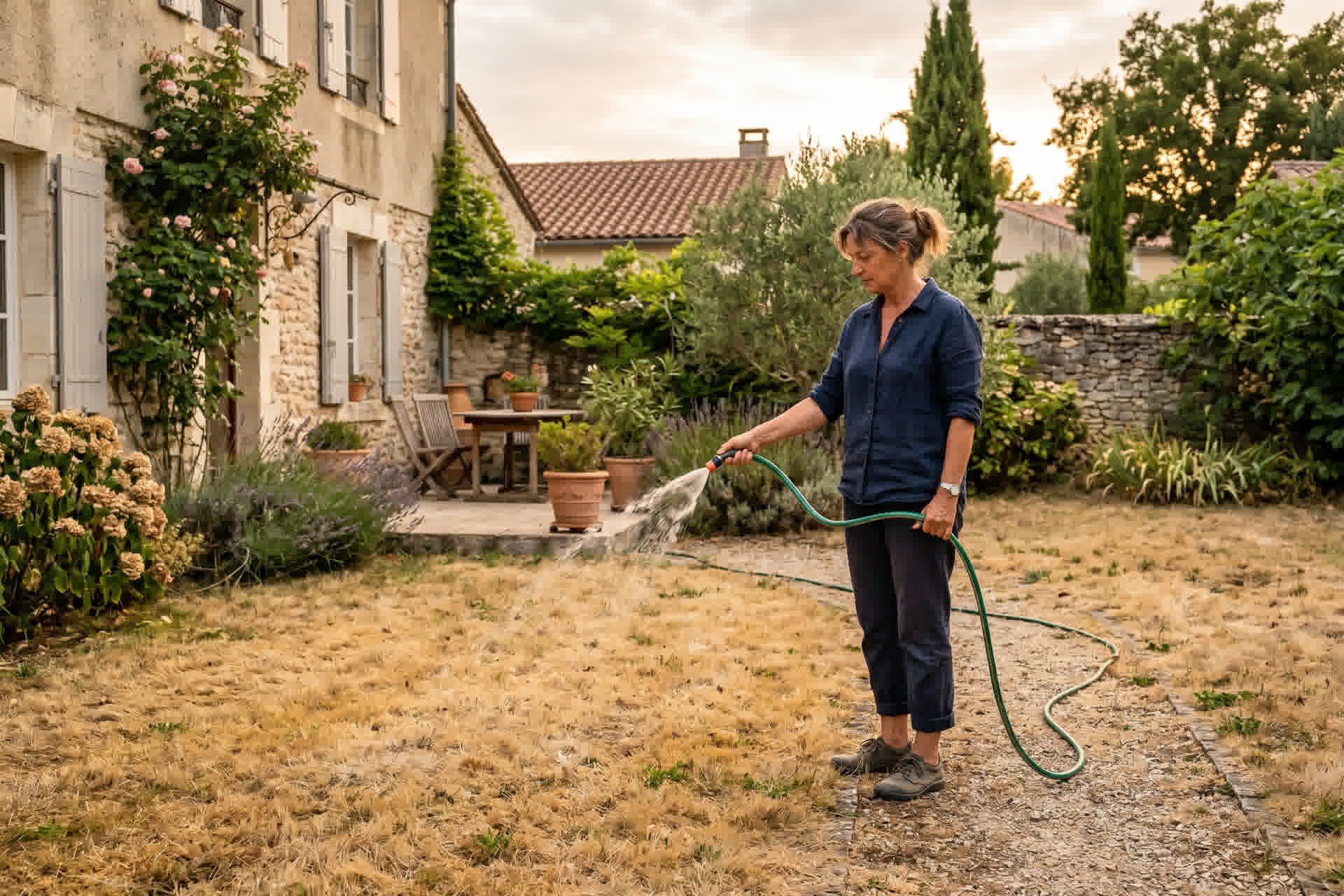Personne arrosant une pelouse jaune avec un tuyau d'arrosage dans un jardin français le soir