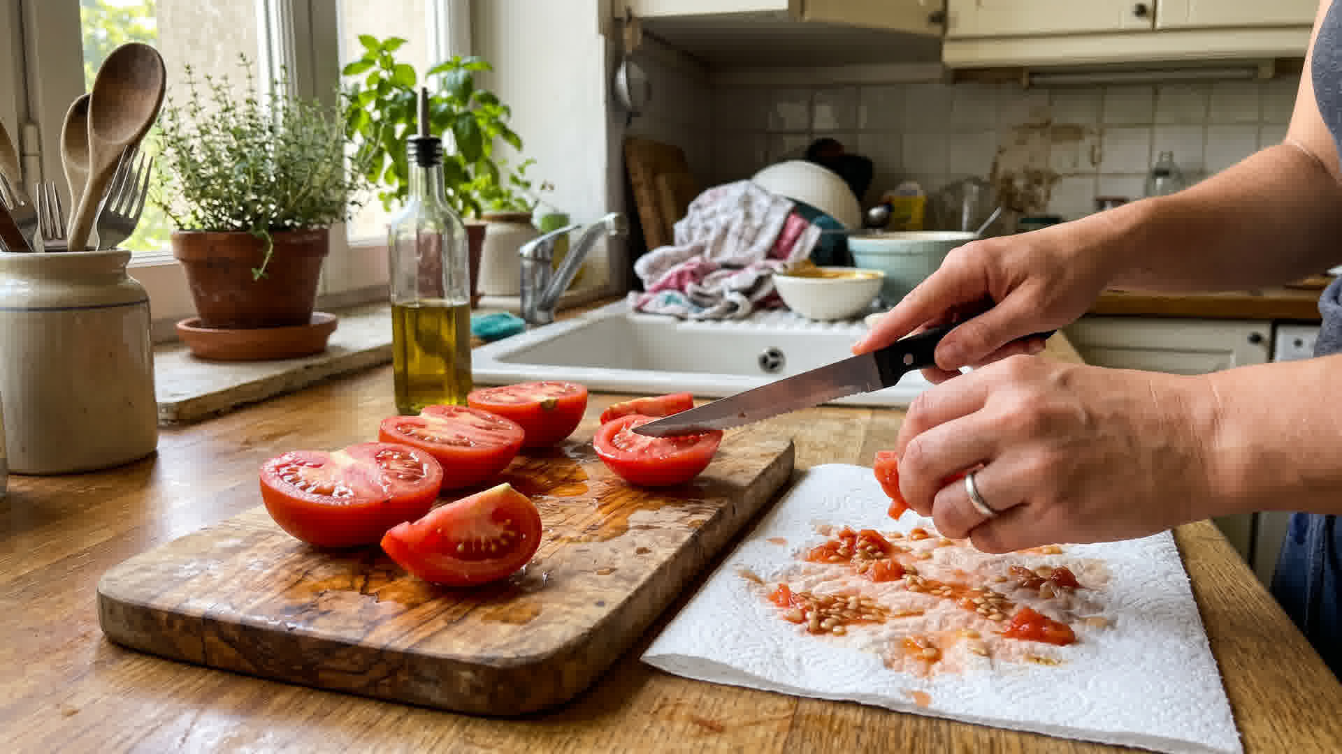 Extraction des graines d'une tomate très mûre dans un récipient