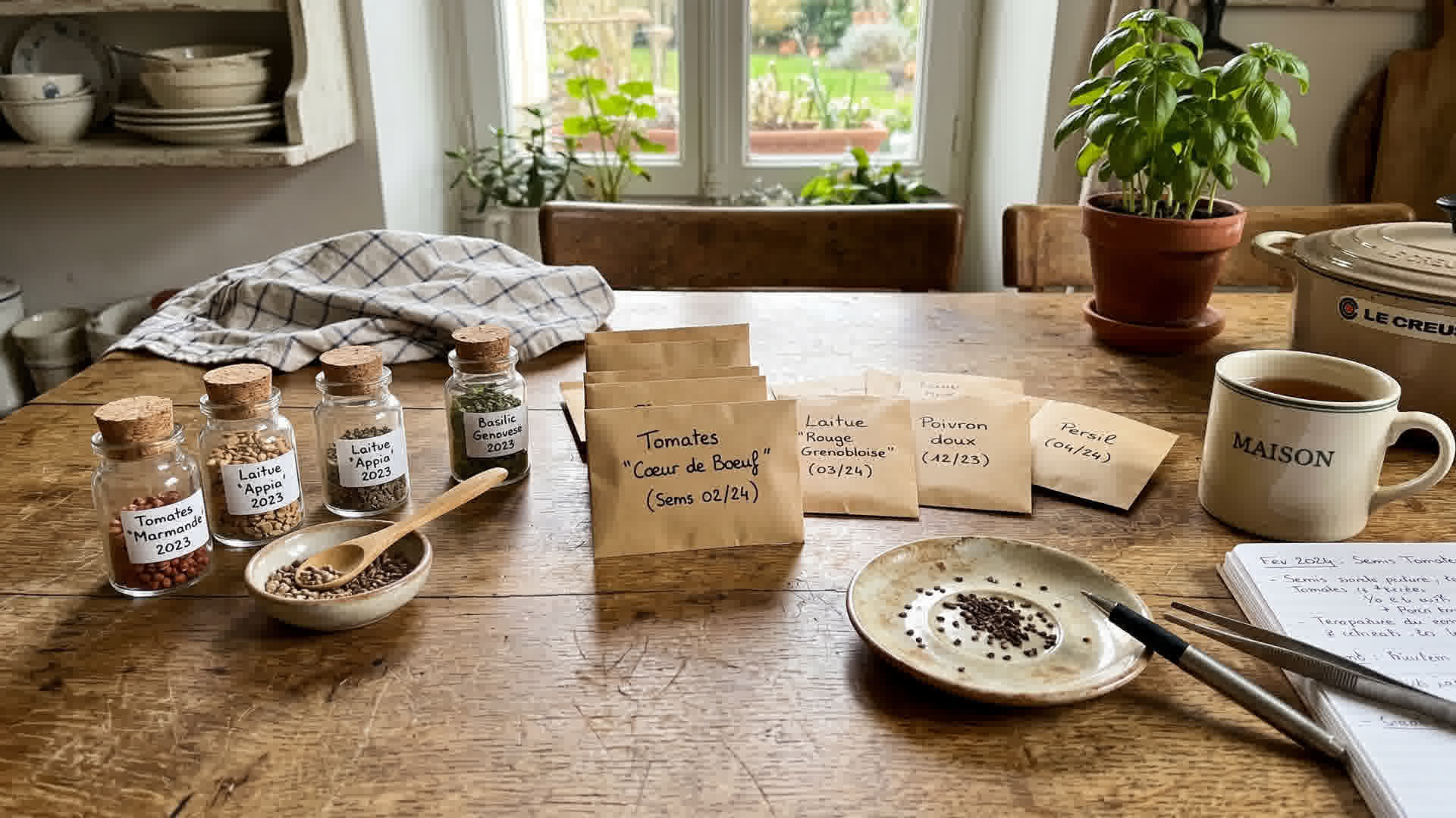 Graines de légumes classées dans des enveloppes et des bocaux étiquetés