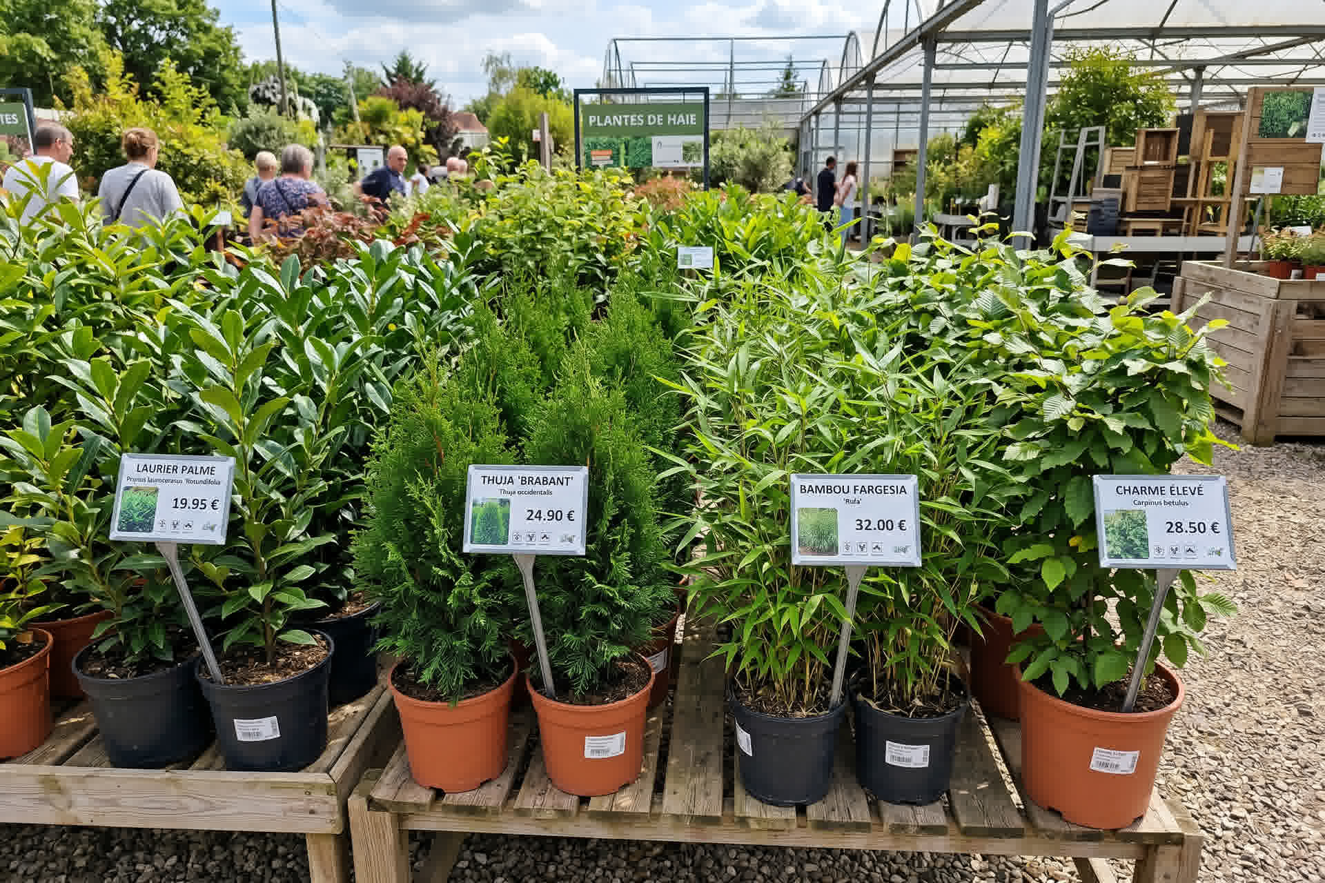 Différentes plantes de haie exposées dans une jardinerie française : laurier, thuya, bambou, charme en pots avec étiquettes