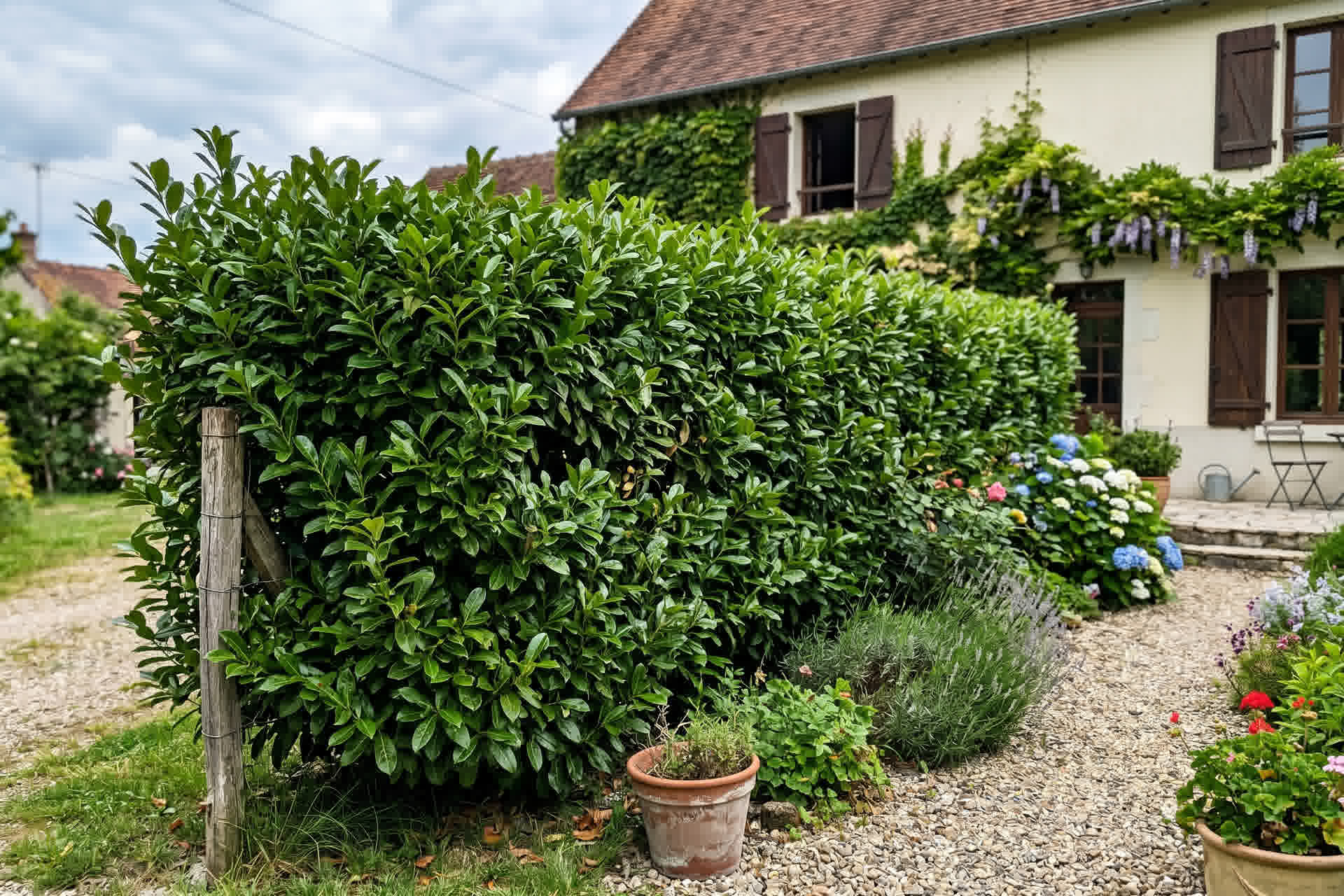Belle haie verte dense le long d'une limite de propriété dans un jardin français, bien entretenue, feuillage dense