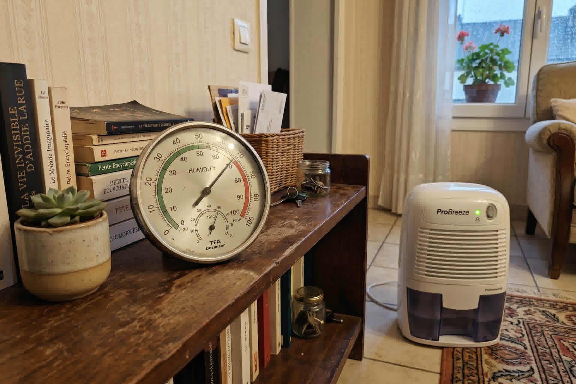 Hygromètre affichant un taux d'humidité élevé sur une étagère dans une maison française avec un déshumidificateur à proximité