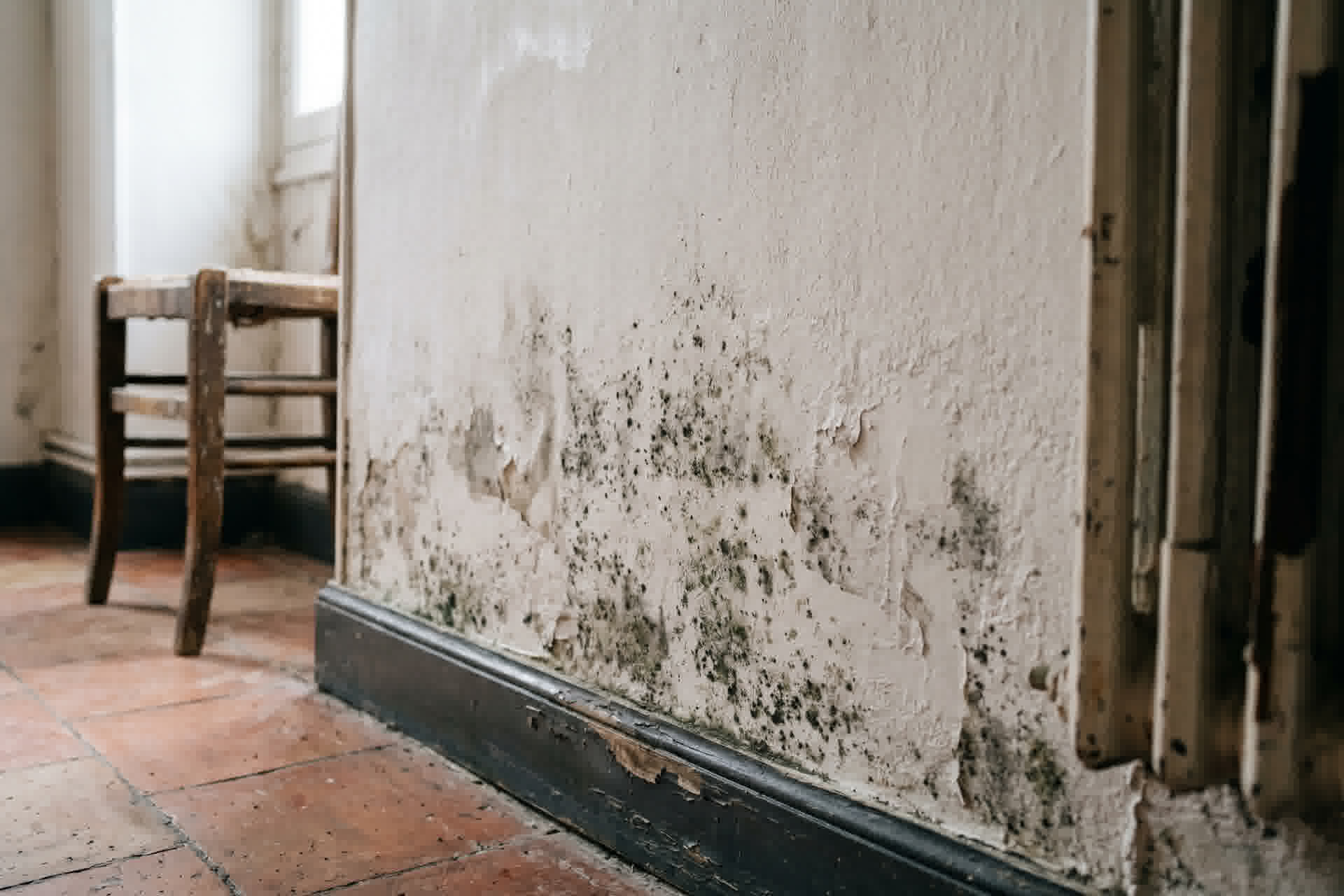 Taches d'humidité et mousse sur un mur intérieur dans une maison française, marques d'humidité visibles près du sol