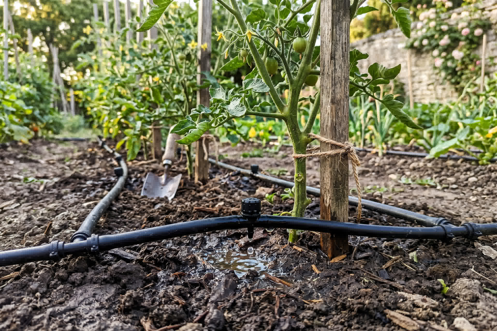 Kit goutte-à-goutte installé dans un potager avec tuyaux et goutteurs en place