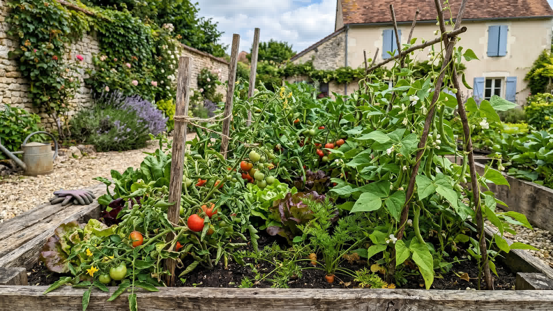 Jardin français avec mélange de légumes faciles plantés ensemble - tomates, haricots, carottes, laitues en arrangement informel
