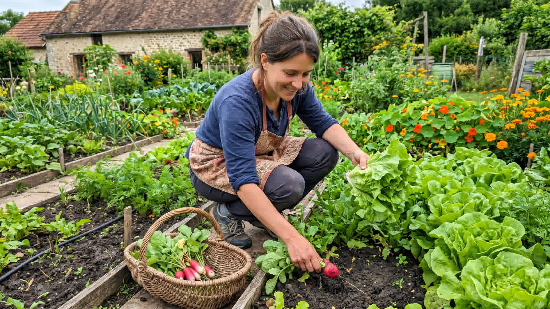 Débutant récoltant des légumes faciles dans un jardin français - cueillette de laitues et radis