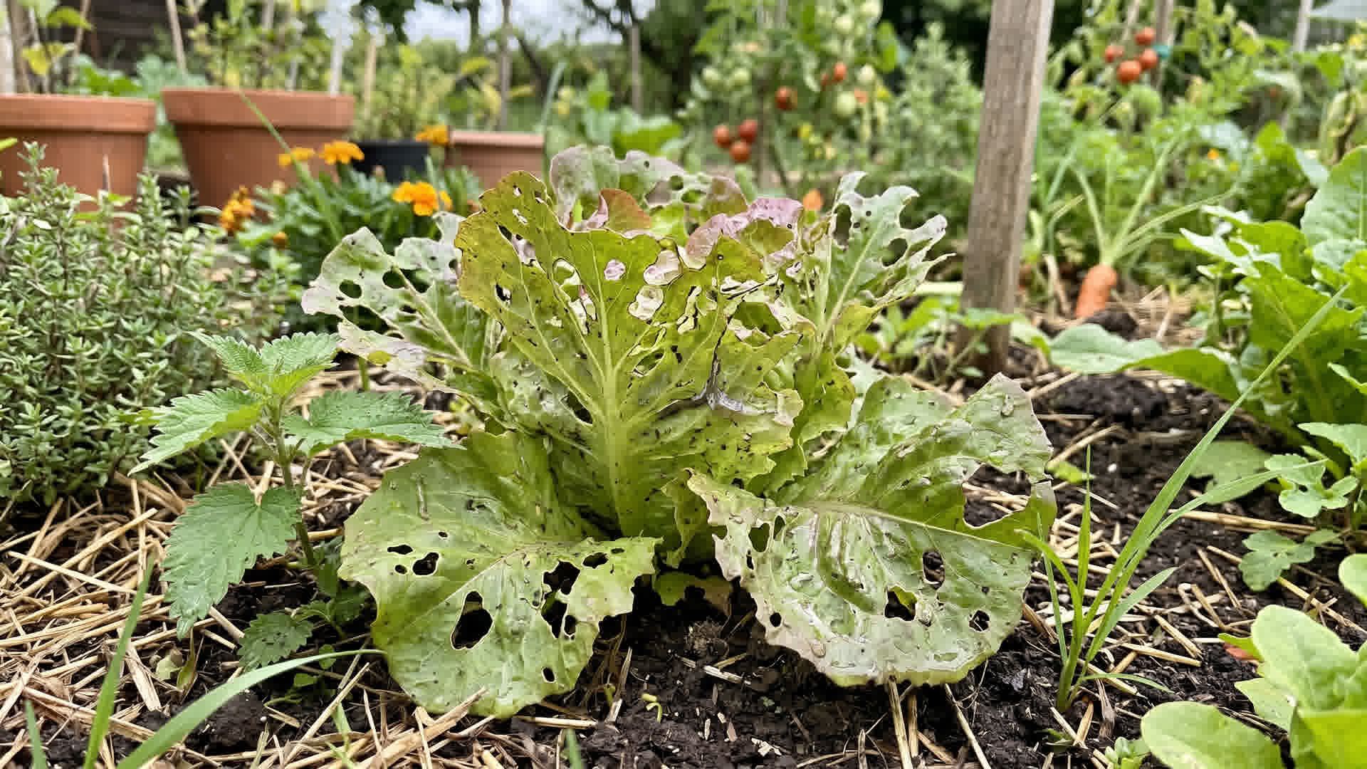 Dégâts de limaces sur des feuilles de laitue dans un potager français avec trous et traces de mucus